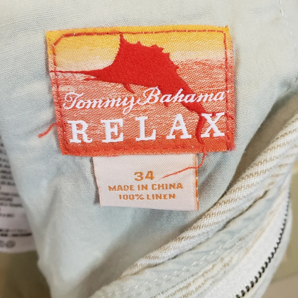 Tommy Bahama Relax linen shorts, tan and white fine stripe, size 34, like new!